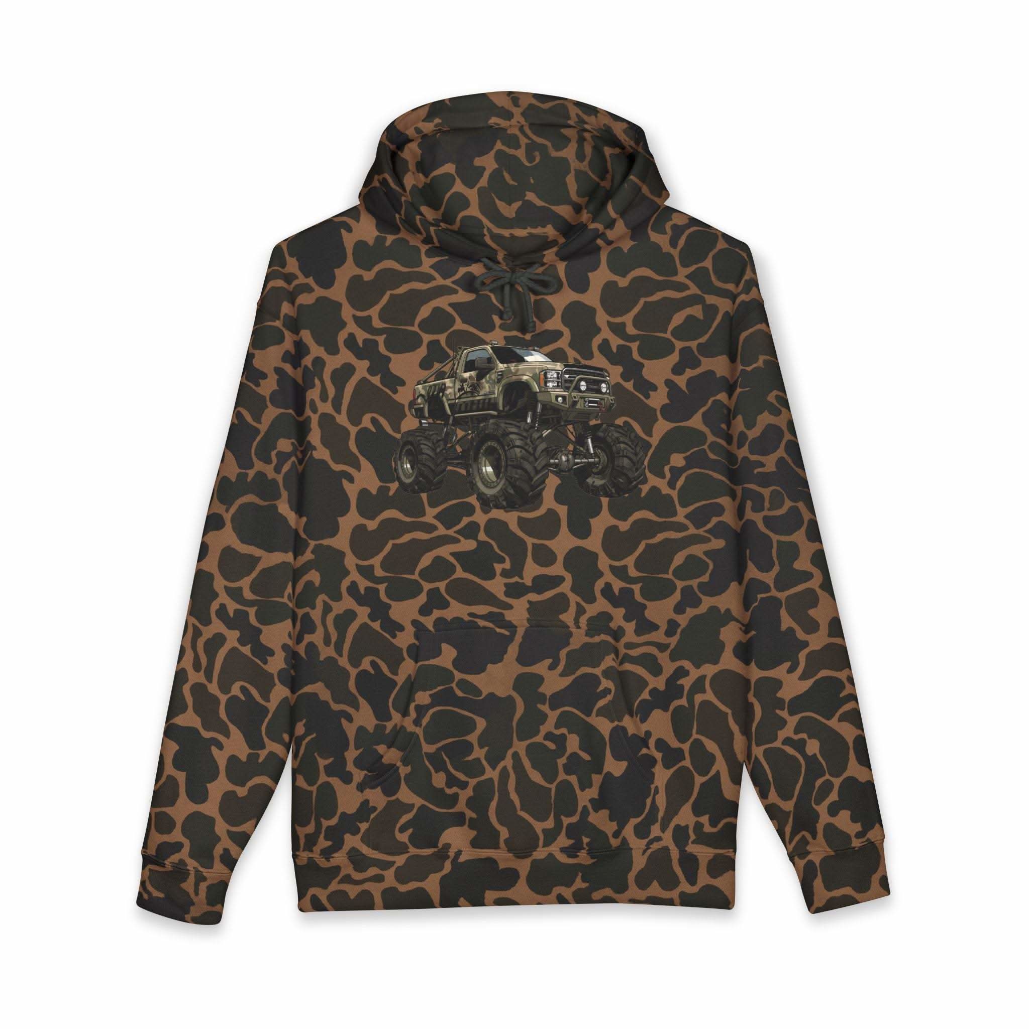 American Flag Monster Truck hoodie with camouflage truck graphic and distressed flag design