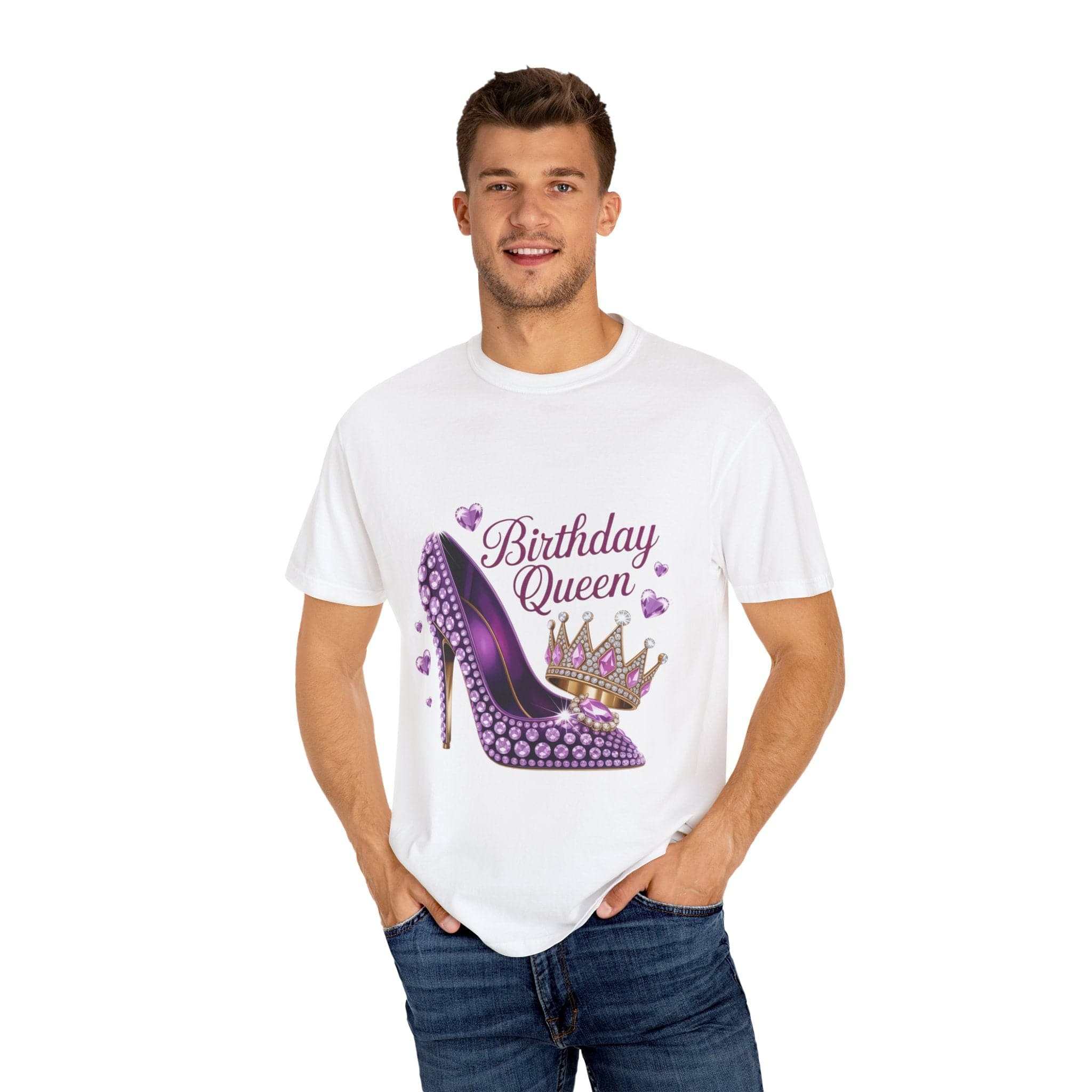 Black cotton high heel t-shirt with 'Birthday Queen' graphic by Printify