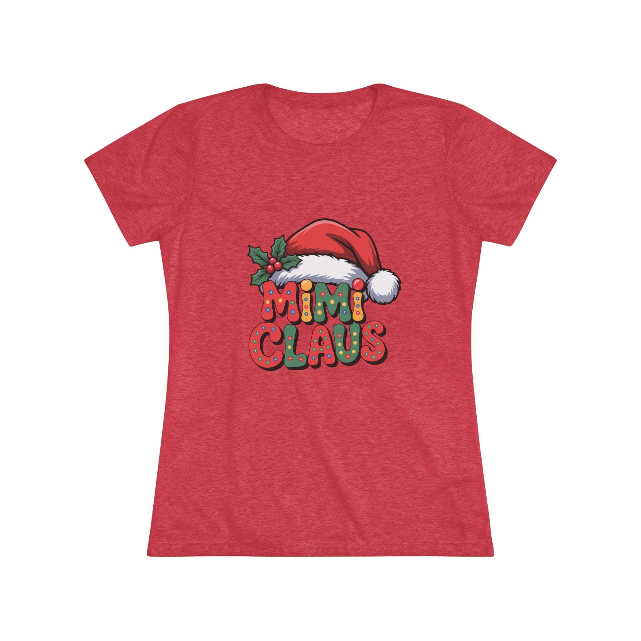 Women's red slim fit Christmas T-shirt with festive Mimi Claus design and soft triblend fabric