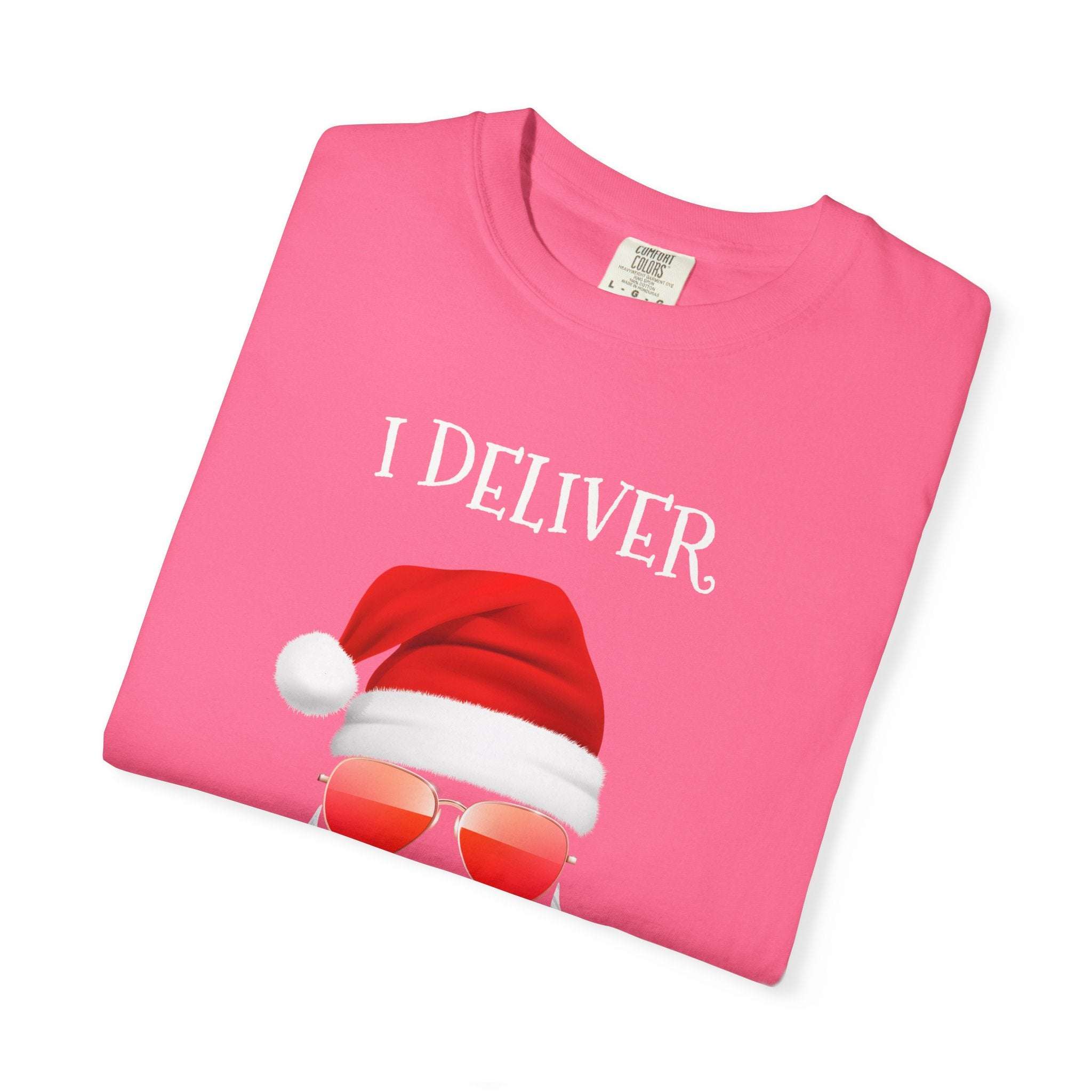Pink Santa I Deliver All Night Long Christmas T-shirt with Santa hat and sunglasses design