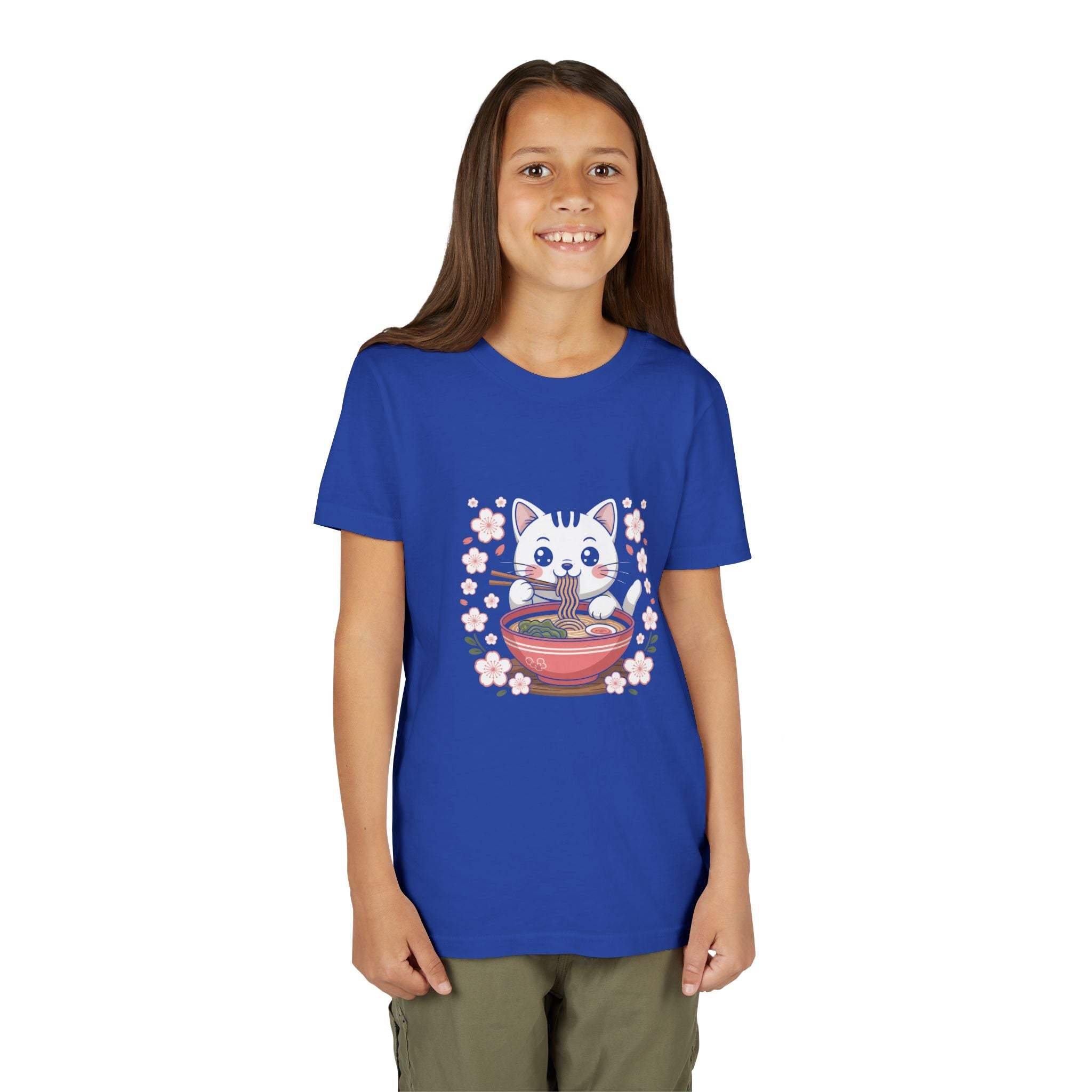 Kawaii cat eating ramen bowl on youth short sleeve tee
