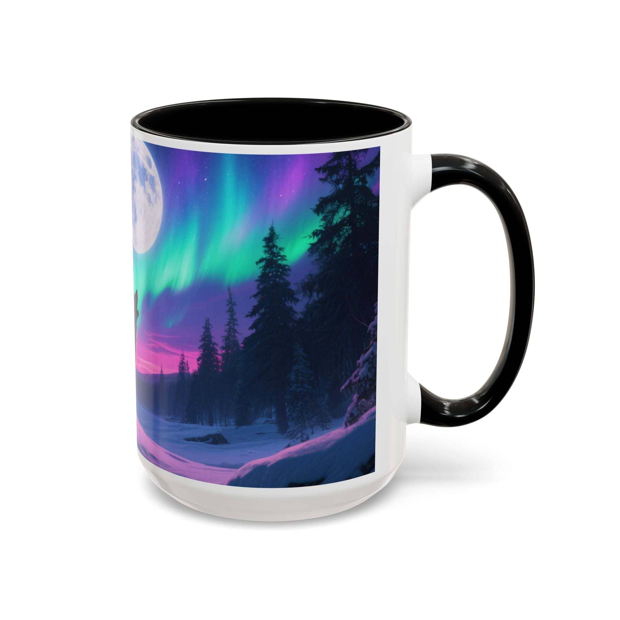 Ceramic mug with howling wolf silhouette and aurora borealis design, black handle and interior, microwave and dishwasher safe