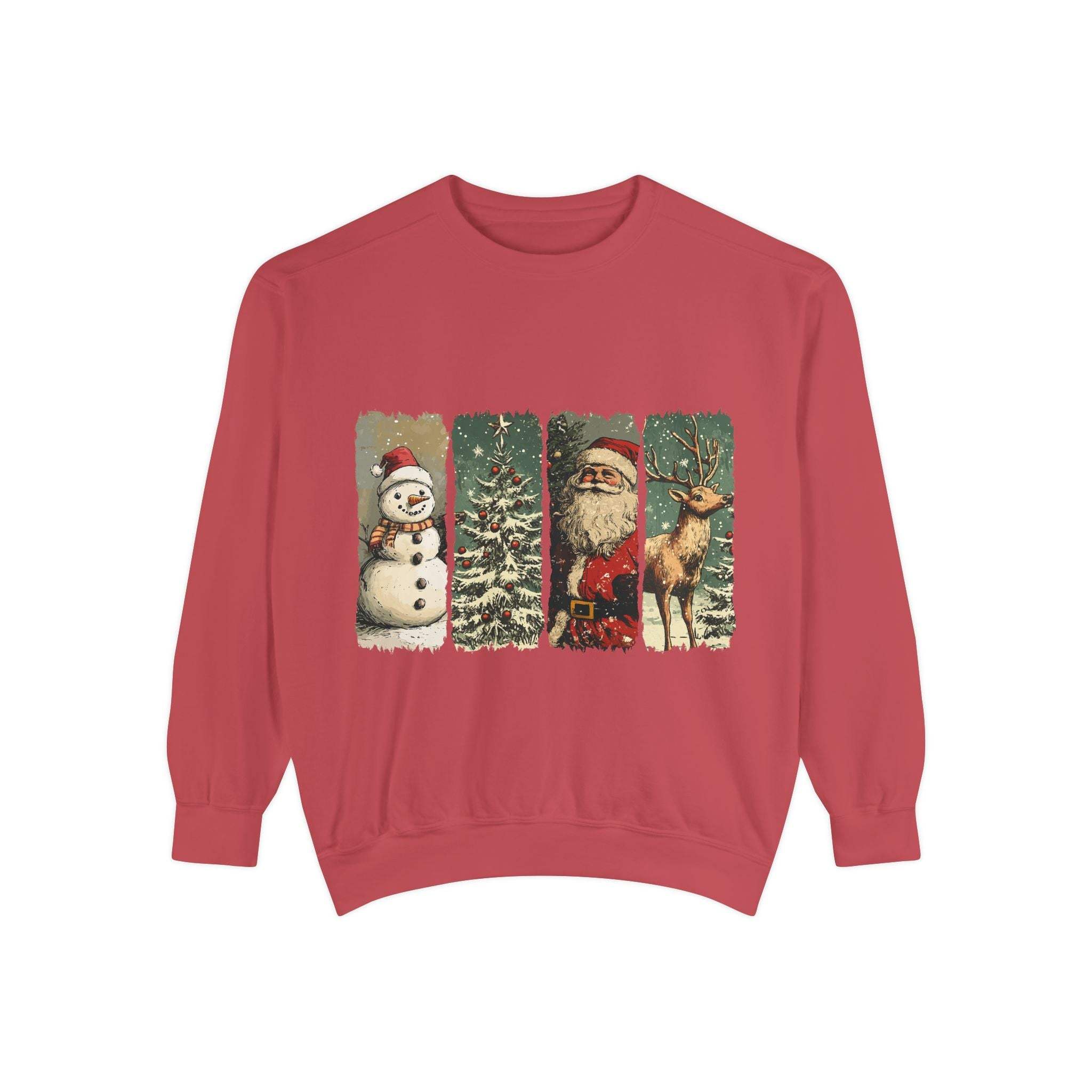 Vintage Christmas sweatshirt with watercolor snowman, tree, Santa, and reindeer design on red fabric