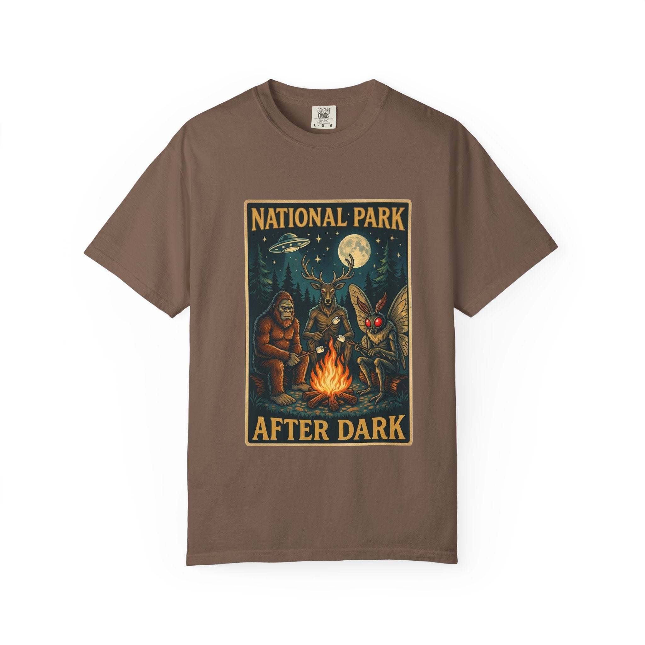 National Park After Dark T-Shirt | Campfire Sasquatch Mothman Night Creatures
