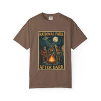 Vintage National Park After Dark t-shirt with campfire and night creatures design