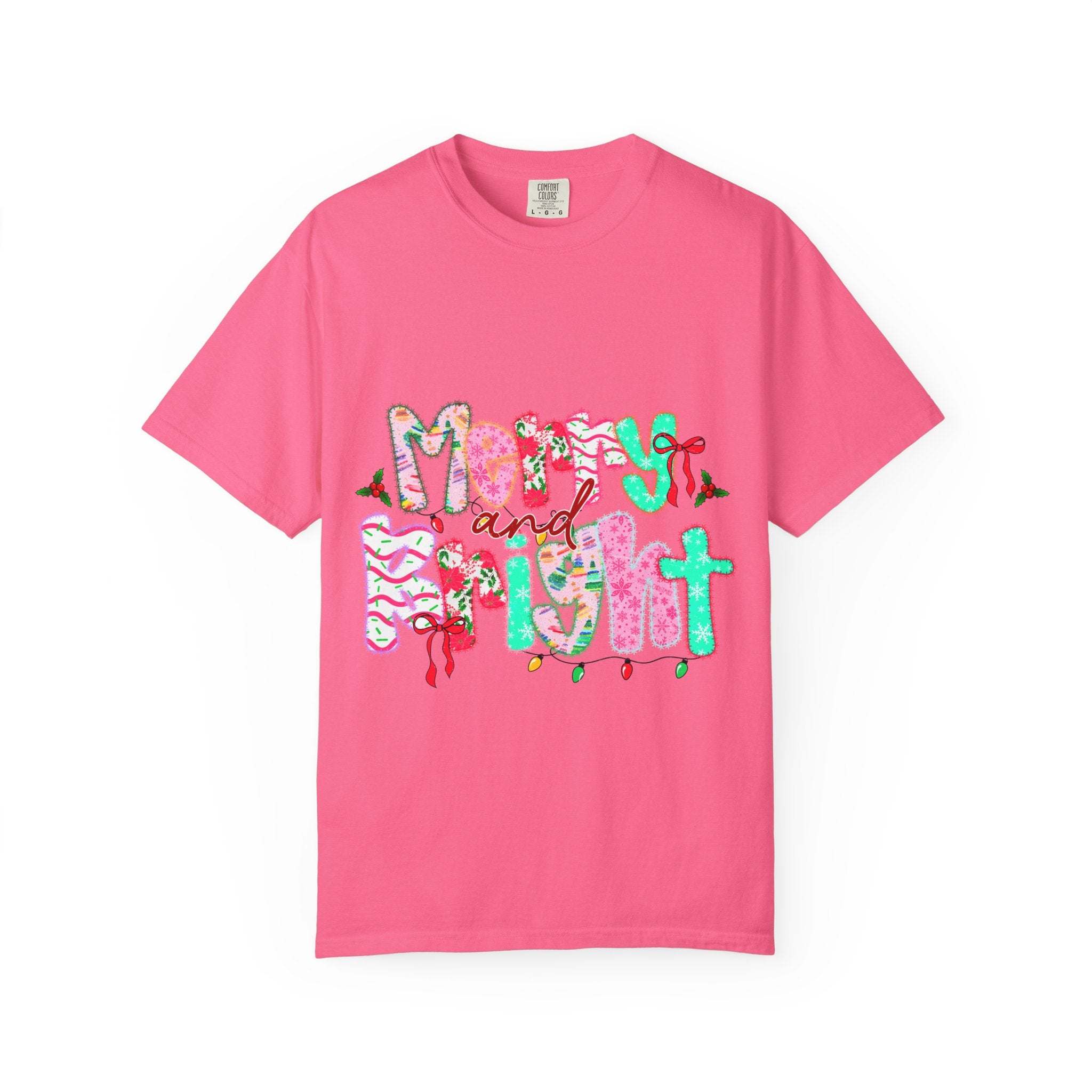 Pink Merry and Bright T-shirt with festive holiday design and relaxed fit