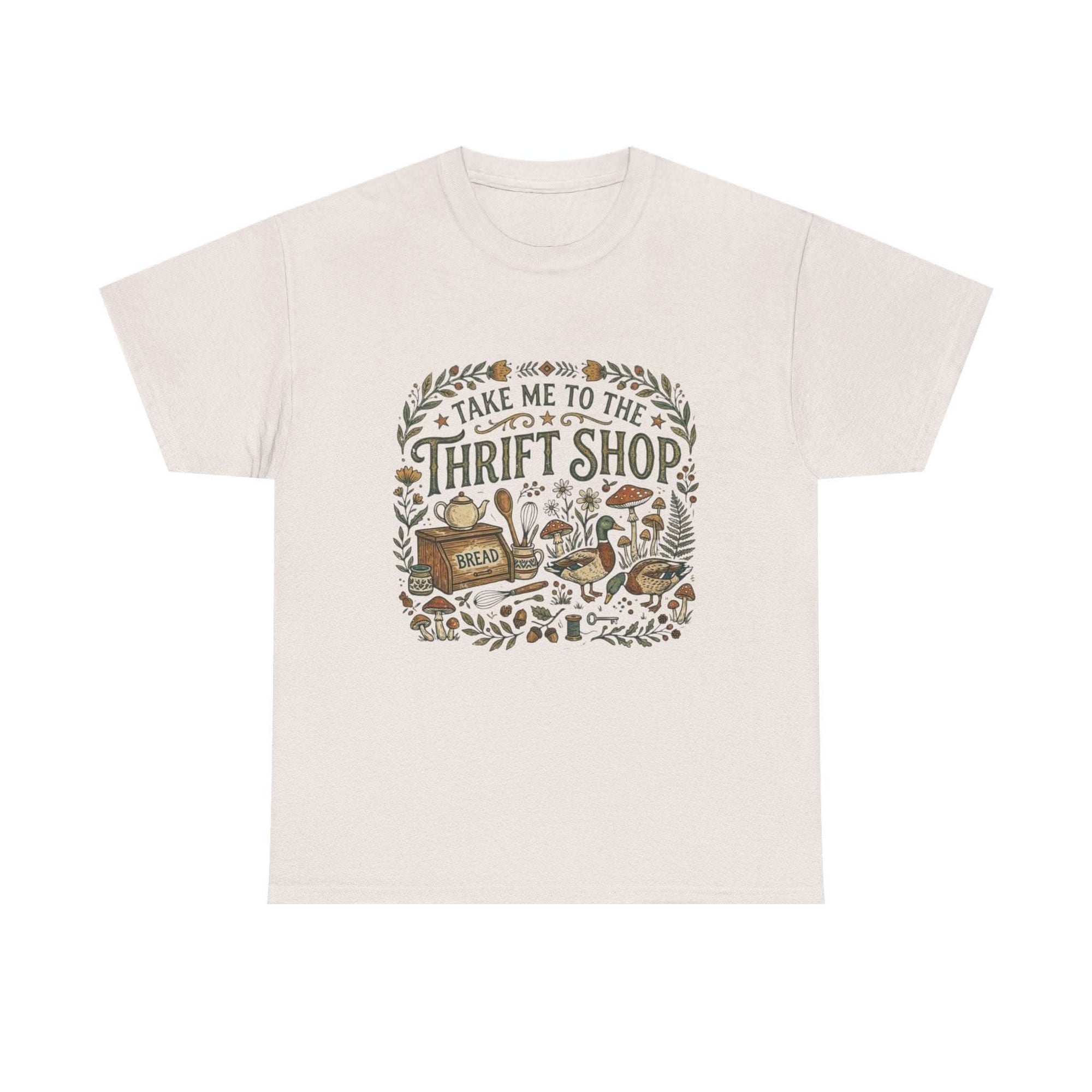 Vintage Take Me to the Thrift Shop T-shirt featuring botanicals, mushrooms, and flea market treasures in cottagecore style