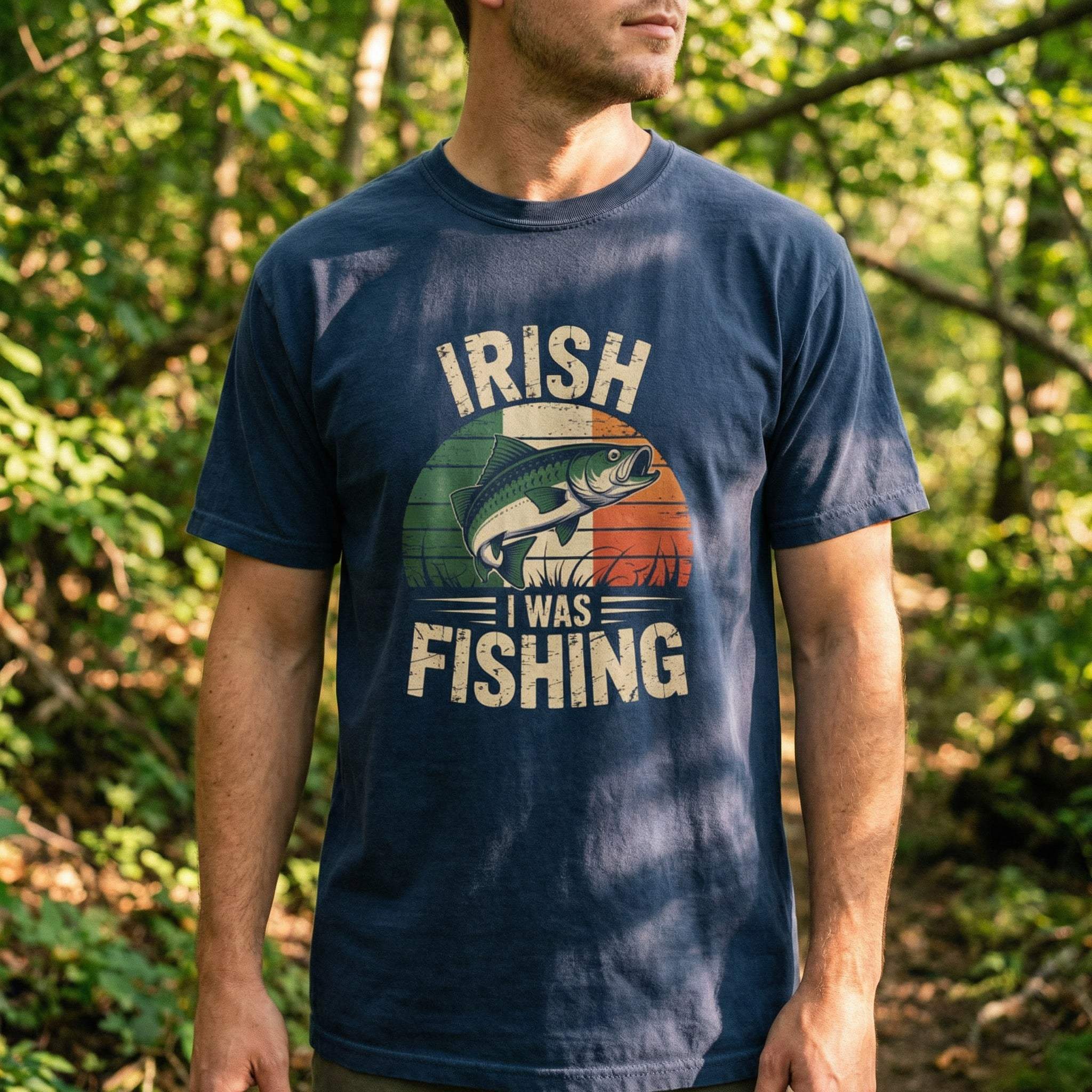 Irish I Was Fishing T-shirt with vintage Irish flag trout graphic on soft heavyweight cotton