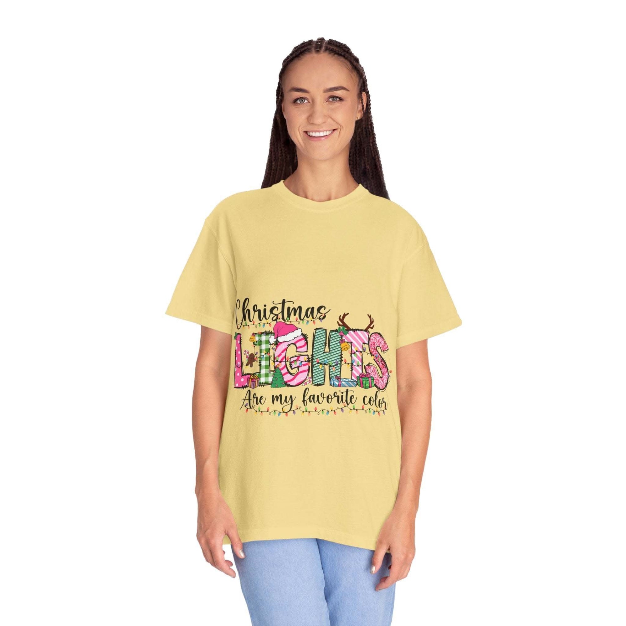 Christmas Lights Are My Favorite Color relaxed fit garment-dyed cotton holiday t-shirt with festive text design