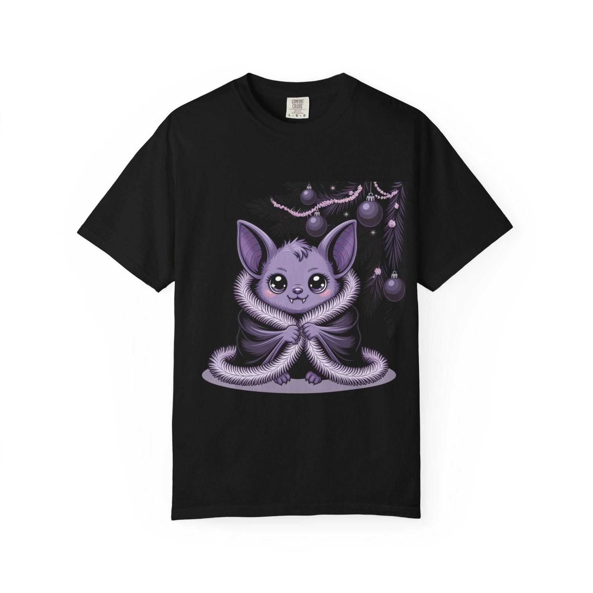 Black Gothmas Bat T-Shirt with purple festive gothic bat design and holiday ornaments