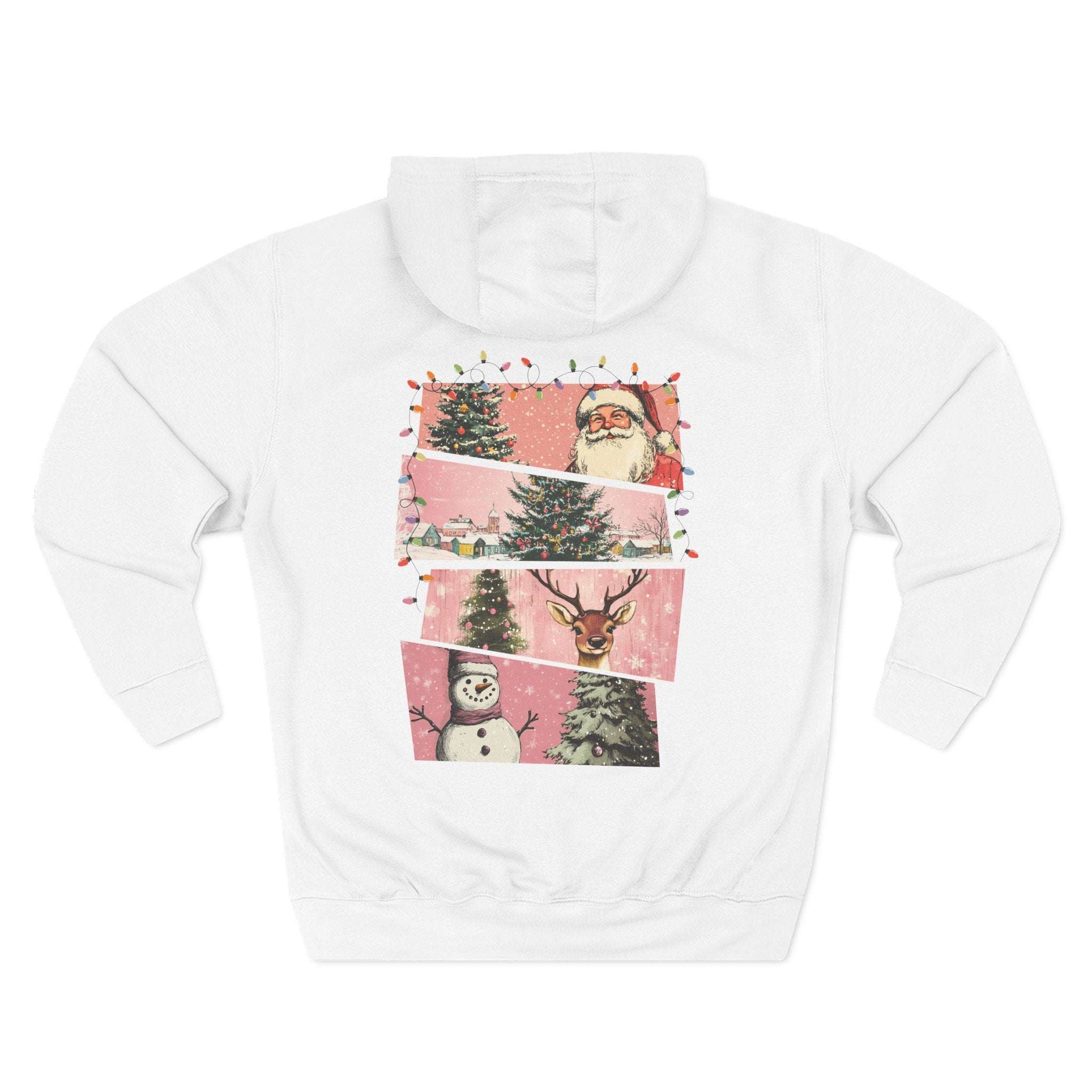 White fleece hoodie with pink Christmas watercolor prints of Santa, Christmas trees, snowman, and reindeer