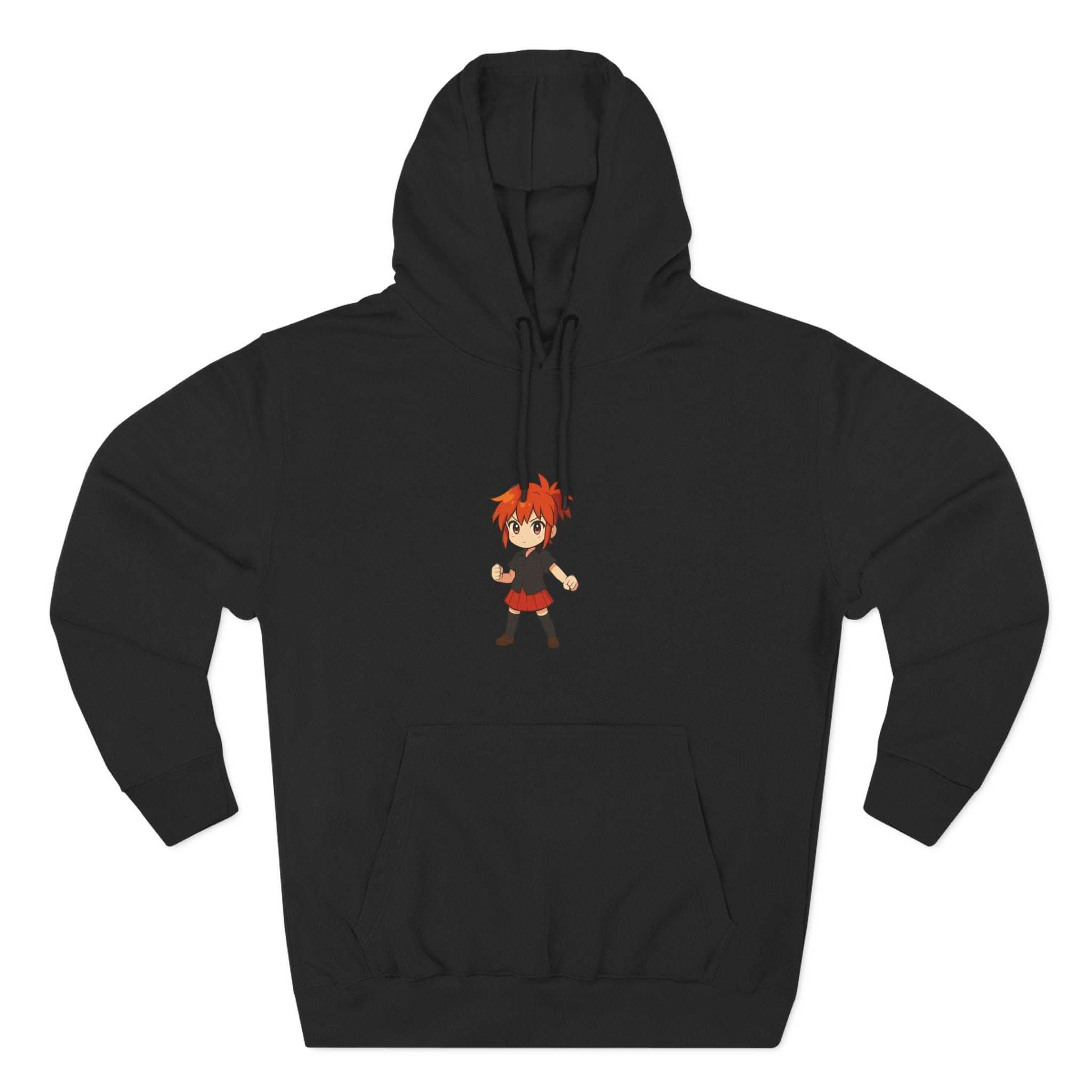 Black fleece hoodie featuring anime Power Girl design, cozy and perfect for casual wear by Printify