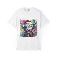 White Retro Santa Highland Cow T-shirt with colorful festive cow graphic and Santa hat design