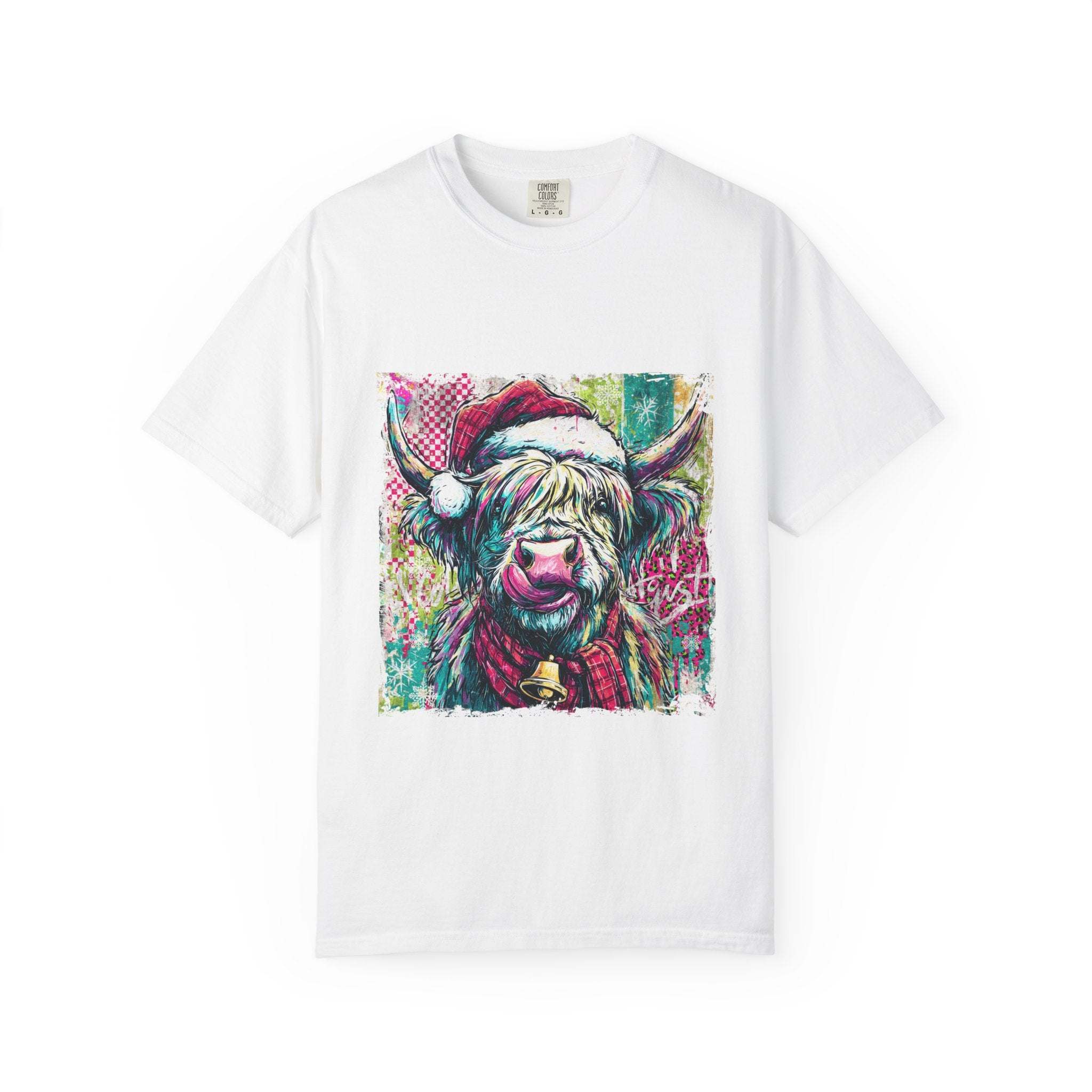 White Retro Santa Highland Cow T-shirt with colorful festive cow graphic and Santa hat design