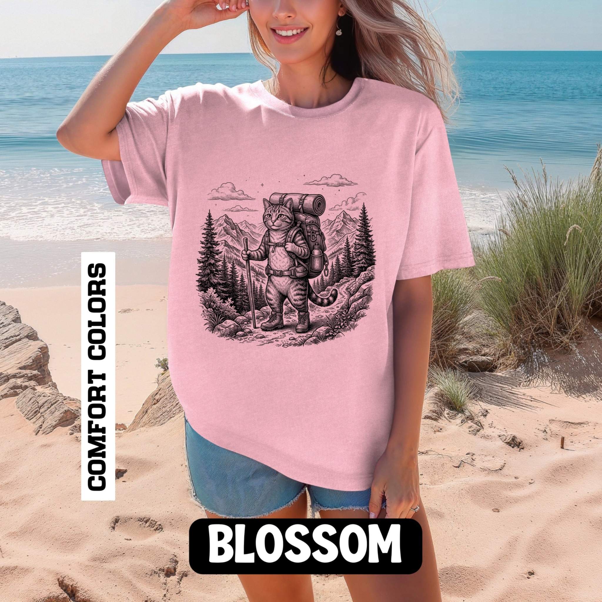 Cat Hiker Illustration T-shirt | Mountain Camping Adventure, Forest Sketch