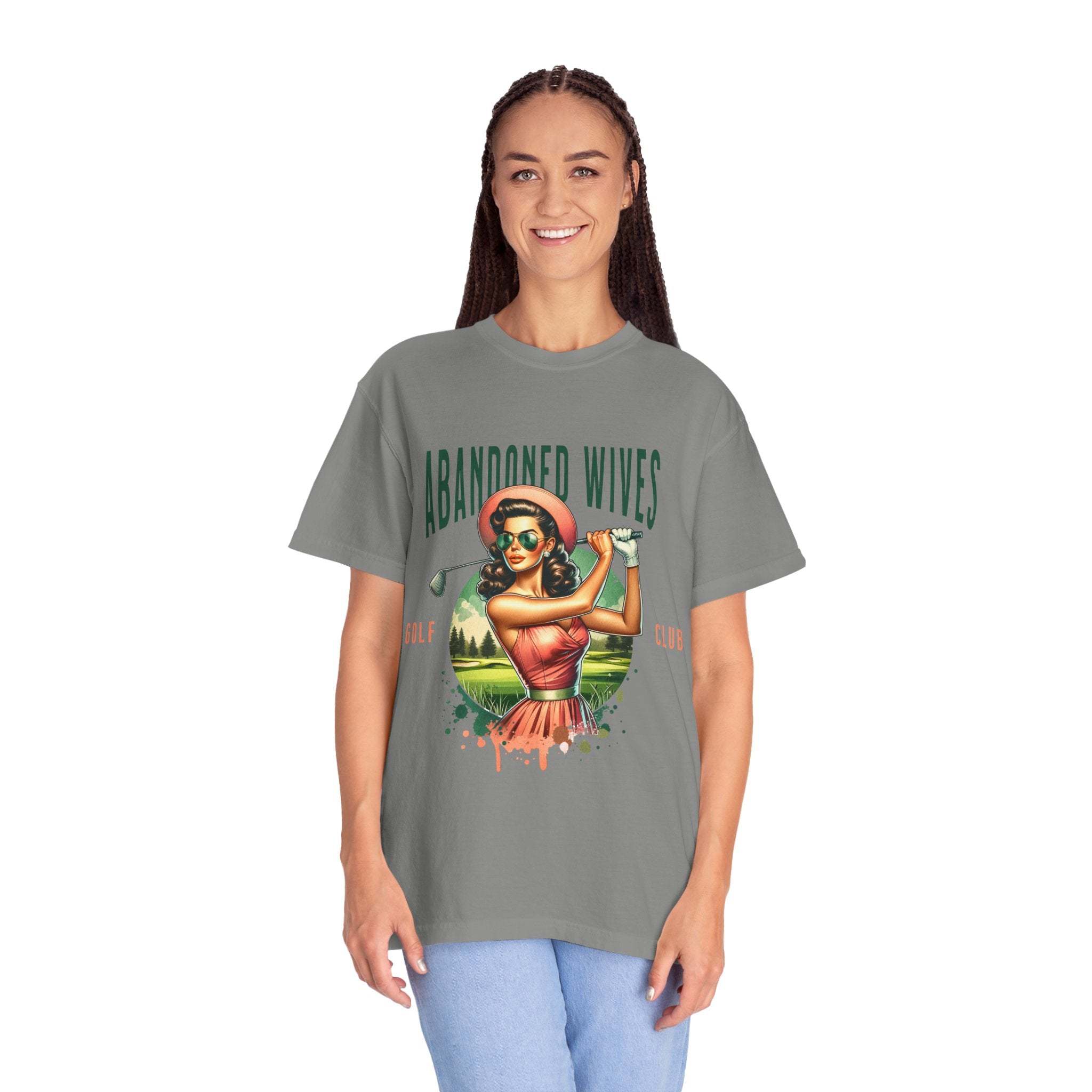 Vintage unisex t-shirt with Abandoned Wives Golf Club design, casual golf-themed graphic tee in soft garment-dyed cotton