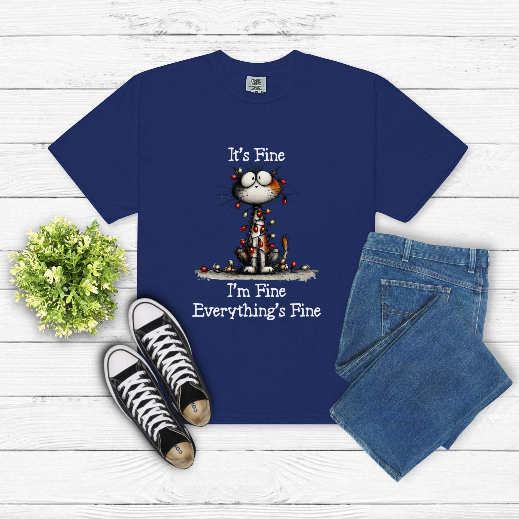 Cat T-shirt with small cat illustration and "I'm Fine, It's Fine, Everything's Fine" text, soft garment-dyed cotton, relaxed fit