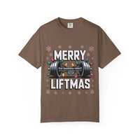 Black Christmas workout t-shirt with 'Merry Liftmas' design by Printify, perfect for fitness lovers.