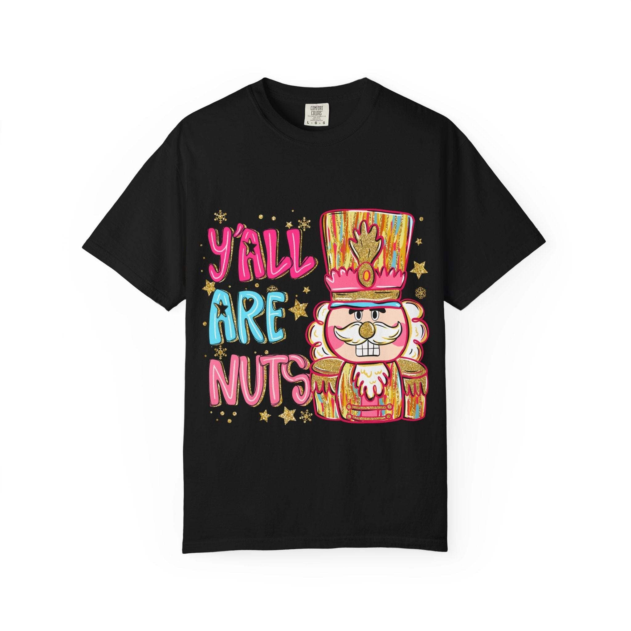 Black T-shirt with colorful Yall Are Nuts Nutcracker graphic and festive text design