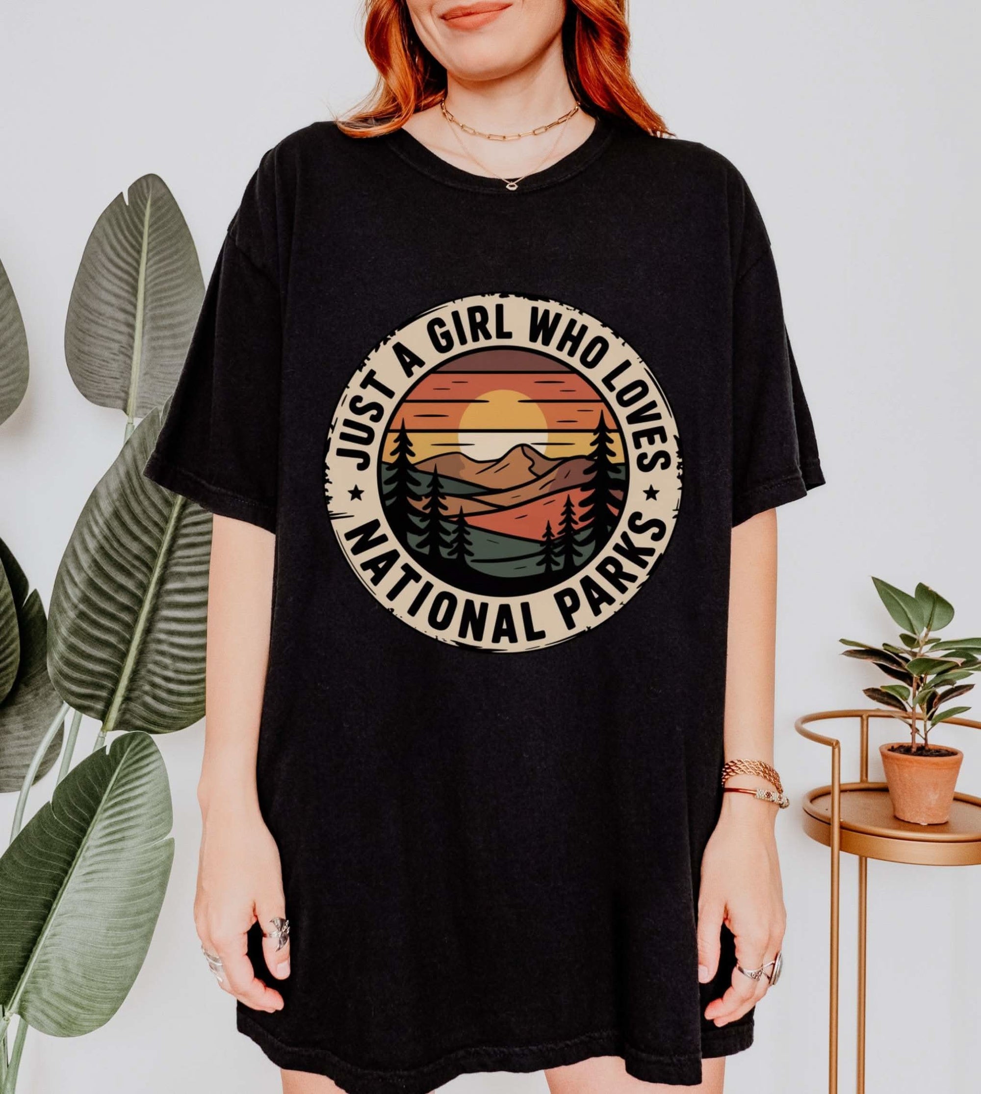 Just a Girl Who Loves National Parks T-Shirt made of soft garment-dyed cotton with relaxed fit and outdoor-inspired design