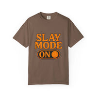Garment-dyed black t-shirt with 'Slay Mode On' print, casual style by Printify