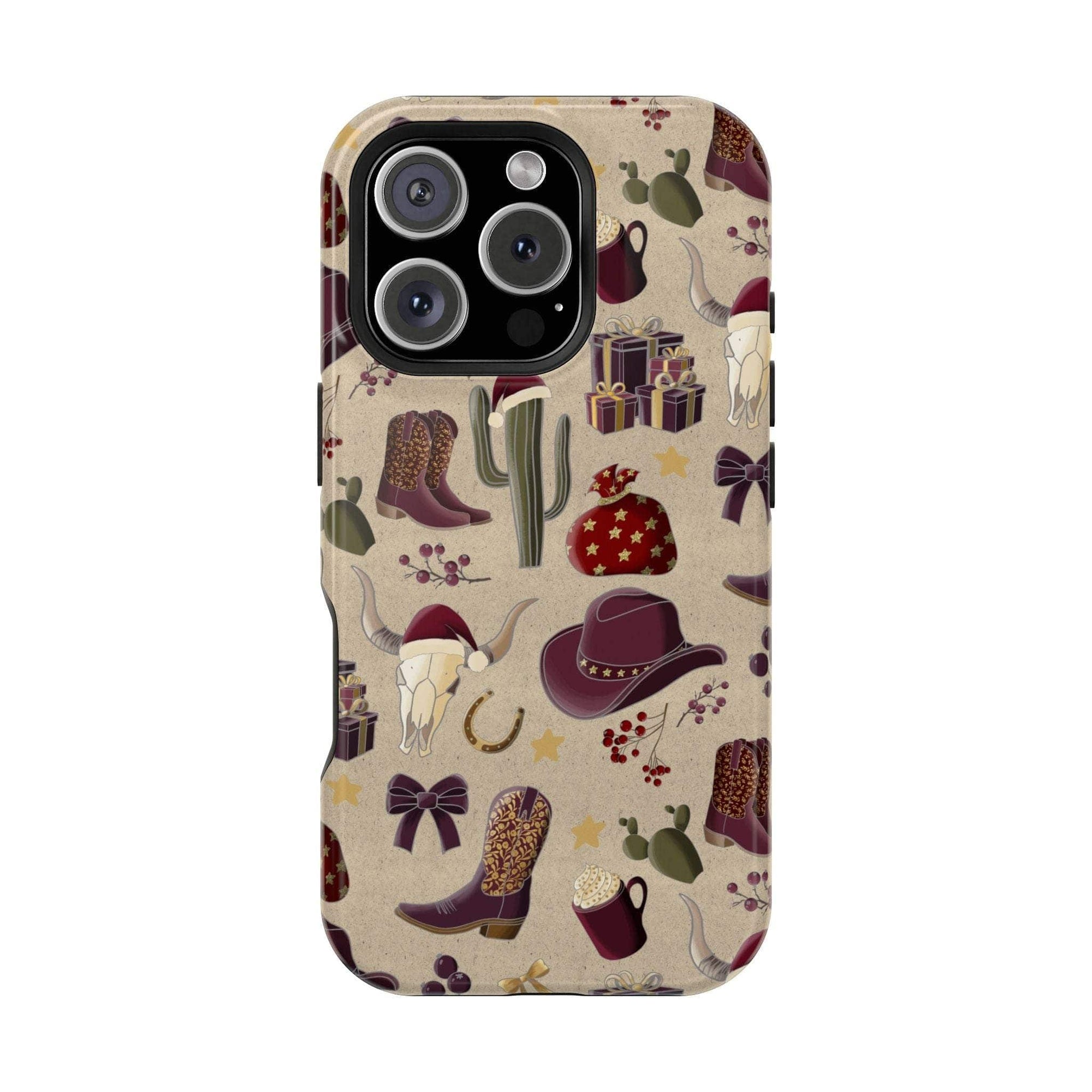 Cowboy Christmas design phone case for iPhone 17 in glossy finish by Printify, featuring festive colors and patterns.