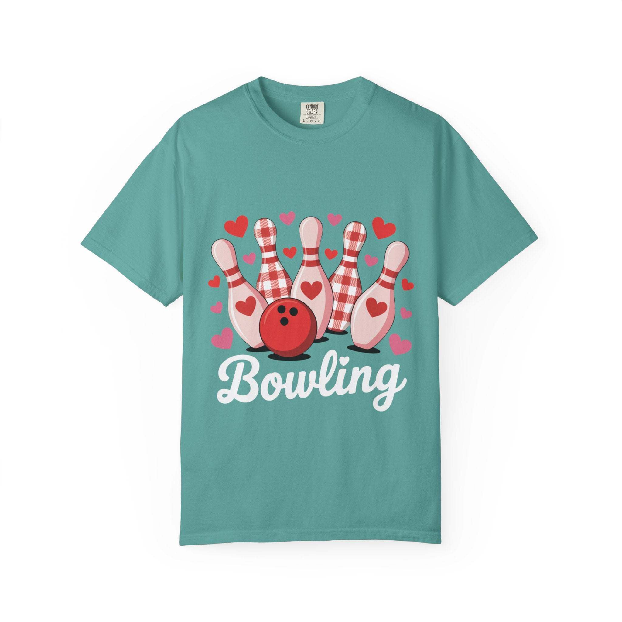 Valentine's Bowling Hearts TShirt with tiny hearts and bowling pin design on soft heavyweight cotton