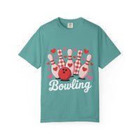 Valentine's Bowling Hearts TShirt with tiny hearts and bowling pin design on soft heavyweight cotton