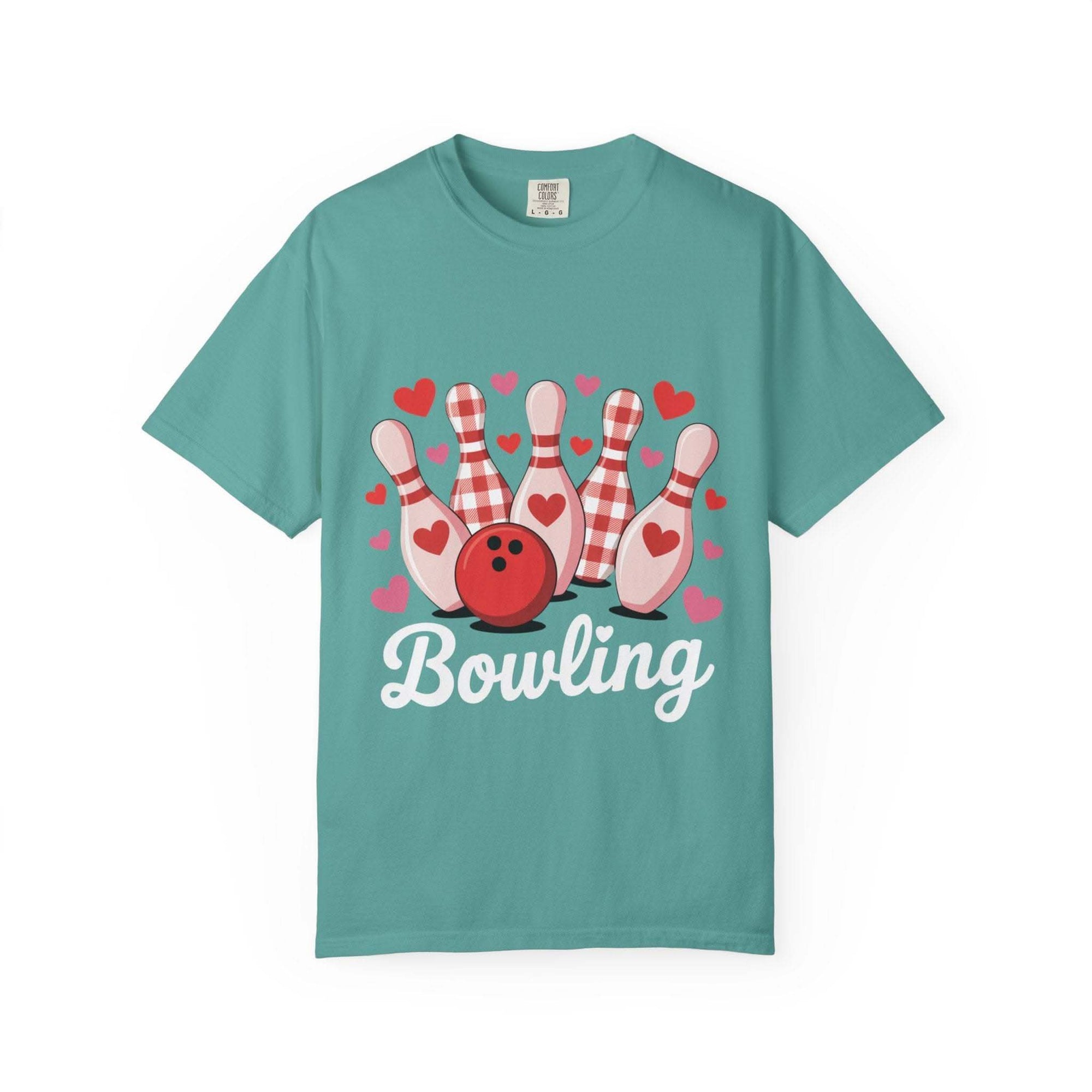 Valentine's Bowling Hearts TShirt with tiny hearts and bowling pin design on soft heavyweight cotton