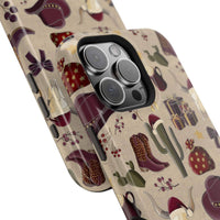 Cowboy Christmas design phone case for iPhone 17 in glossy finish by Printify, featuring festive colors and patterns.