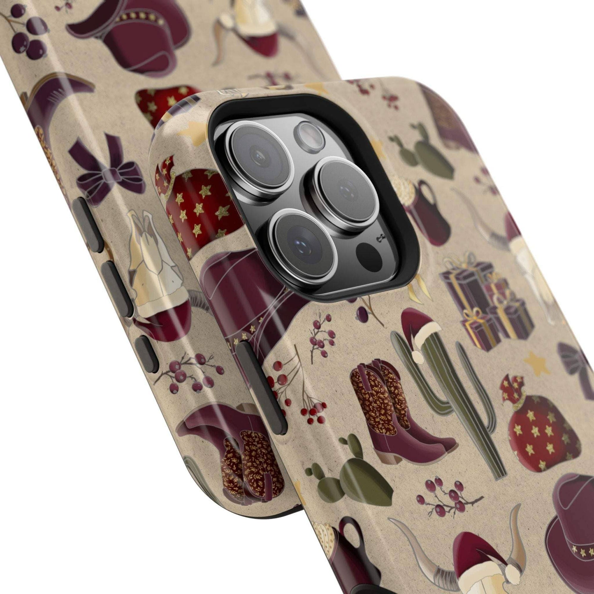 Cowboy Christmas design phone case for iPhone 17 in glossy finish by Printify, featuring festive colors and patterns.