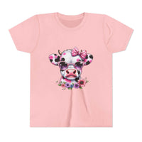 Pink t-shirt with a cow design wearing sunglasses and a bow, on a white background
