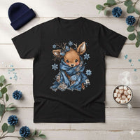 Adult wearing Retro Patchwork Reindeer Tee with festive vintage design for holiday season