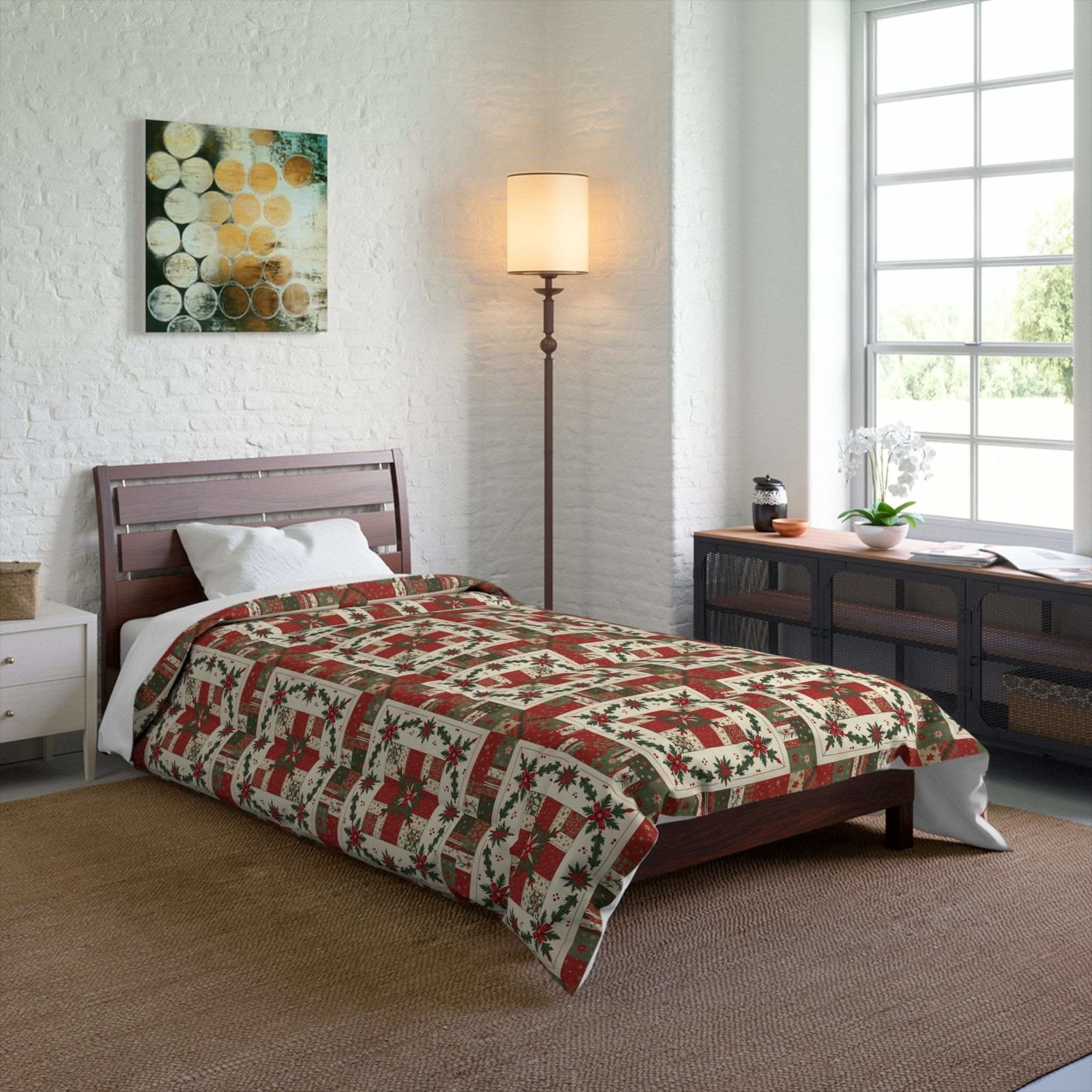Rustic Patchwork Christmas Comforter with warm plaid and leather tones on cozy holiday bedding