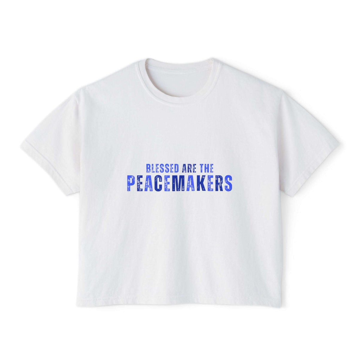 Women's white boxy tee with "Blessed be the Peacemakers" text in blue, casual and vintage style