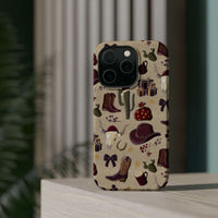 Cowboy Christmas design phone case for iPhone 17 in glossy finish by Printify, featuring festive colors and patterns.