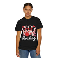 Valentine's Bowling Hearts TShirt with tiny hearts and bowling pin design on cozy garment-dyed cotton