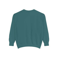 Back view of teal iridescent Merry Christmas sweatshirt, unisex cozy cotton blend holiday apparel