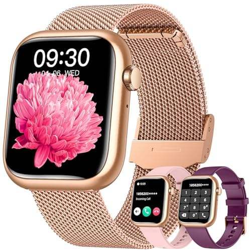 Gold luxury fitness smartwatch for women with Bluetooth call, 1.83” touch screen, multiple bands, health tracking, and voice assistant features