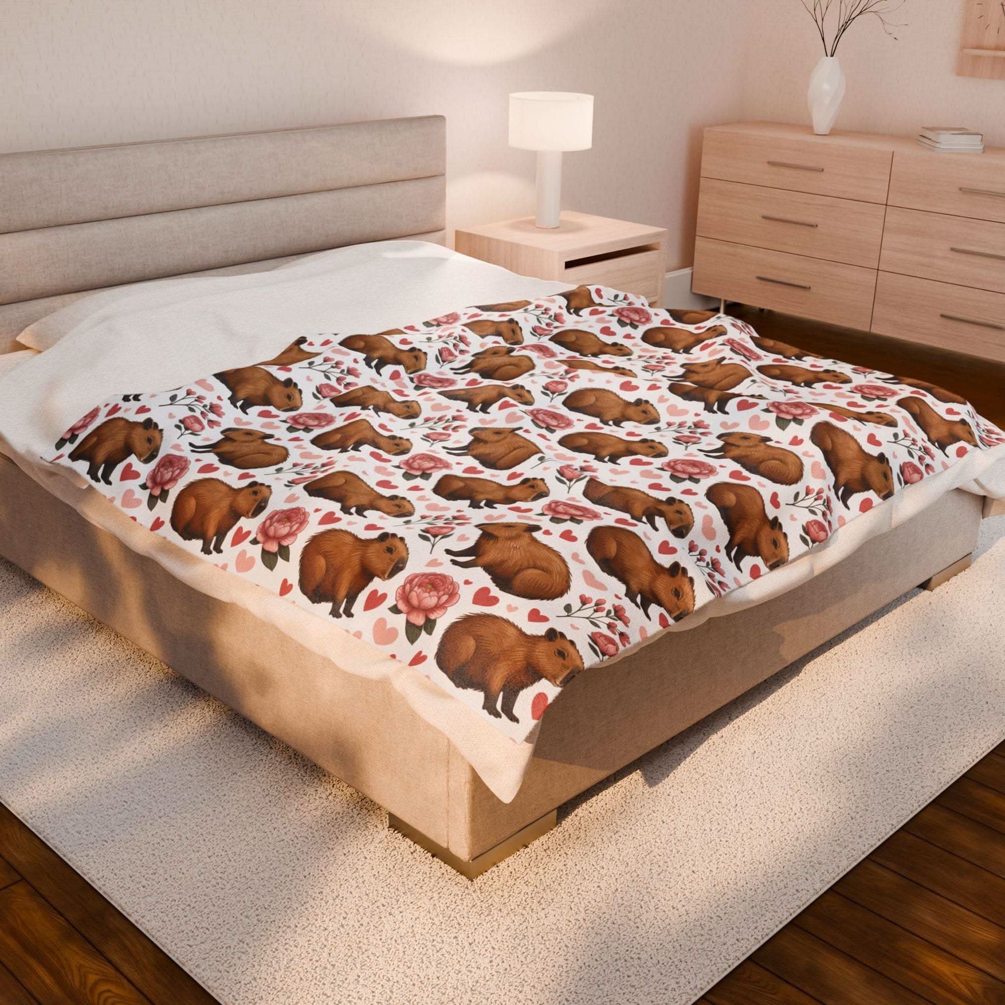 Floral Capybara Valentines plush velveteen blanket with pastel blooms and cozy warmth