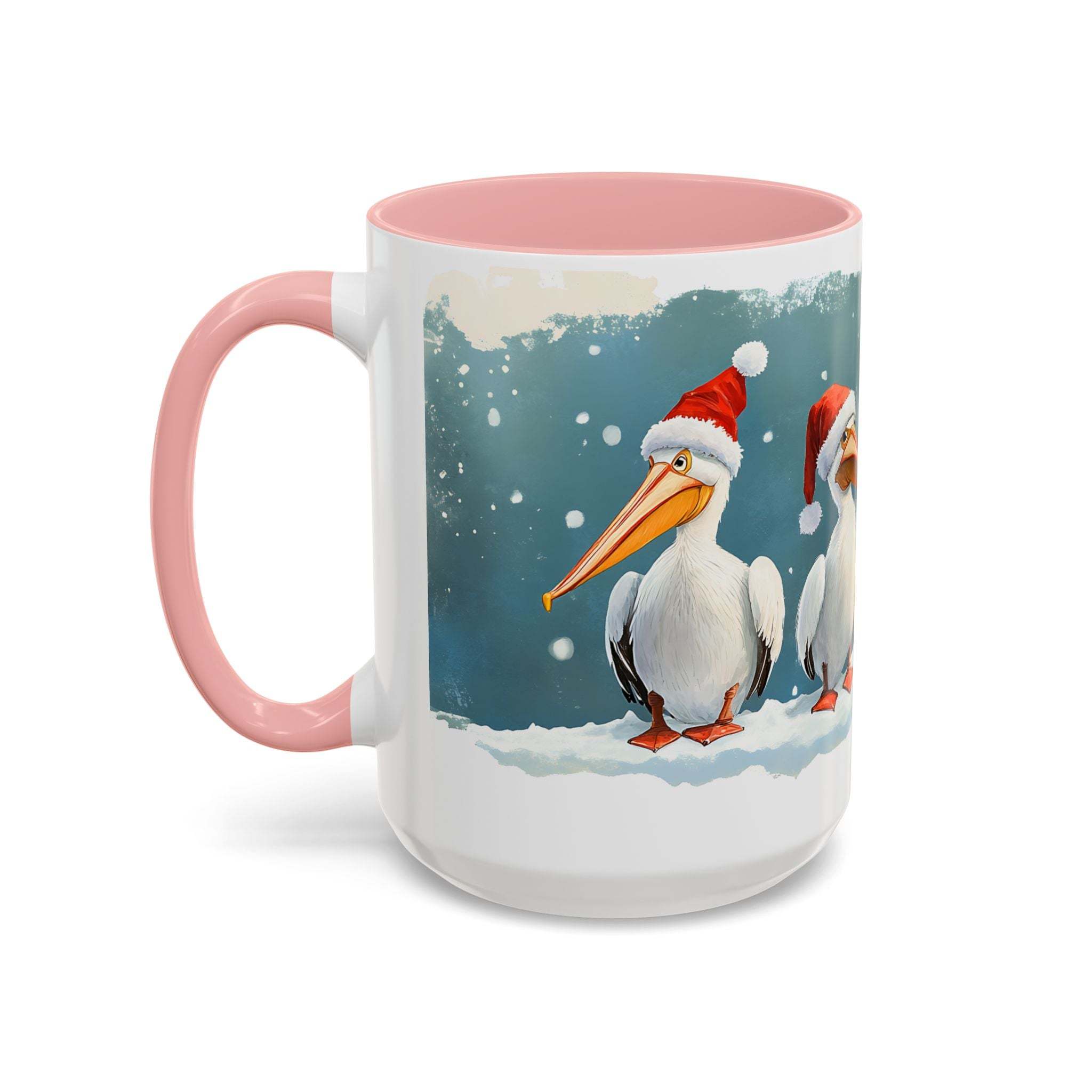 Mug with Christmas design featuring two pelicans wearing Santa hats on a snowy background.