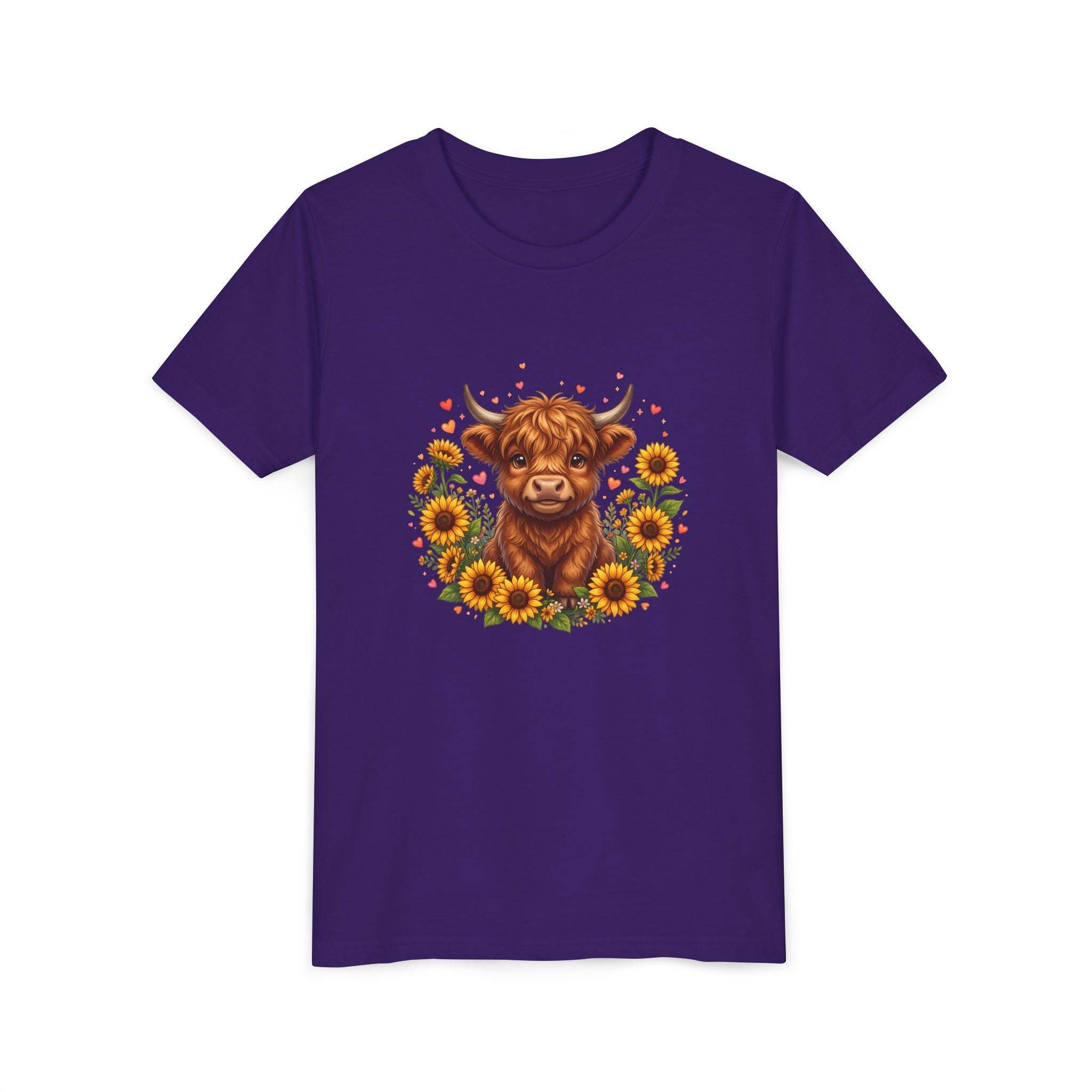 Highland Cow with Sunflowers Youth Tee | Cute Calf Floral Kids Shirt