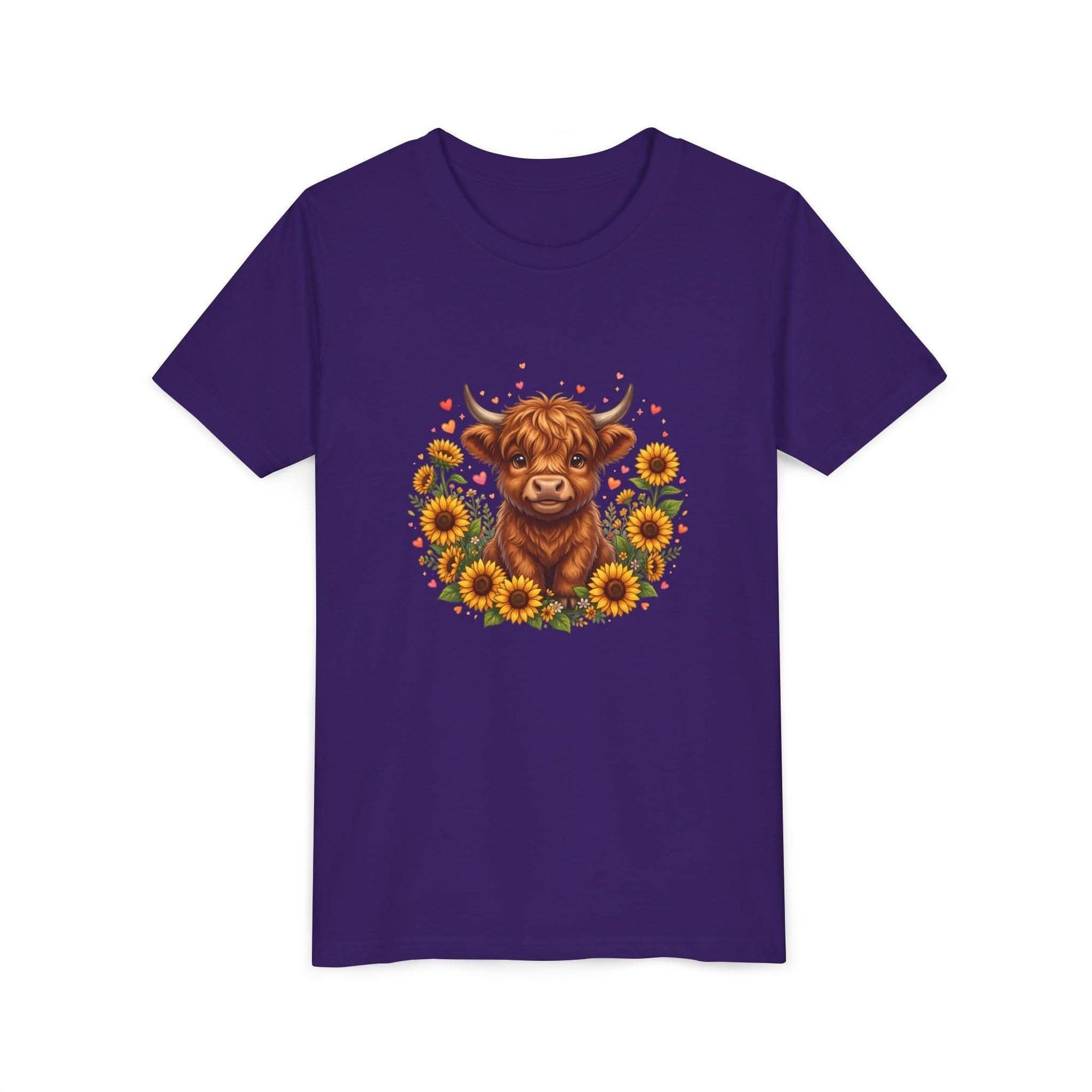 Youth tee featuring a Highland cow surrounded by vibrant sunflowers on a soft cotton shirt