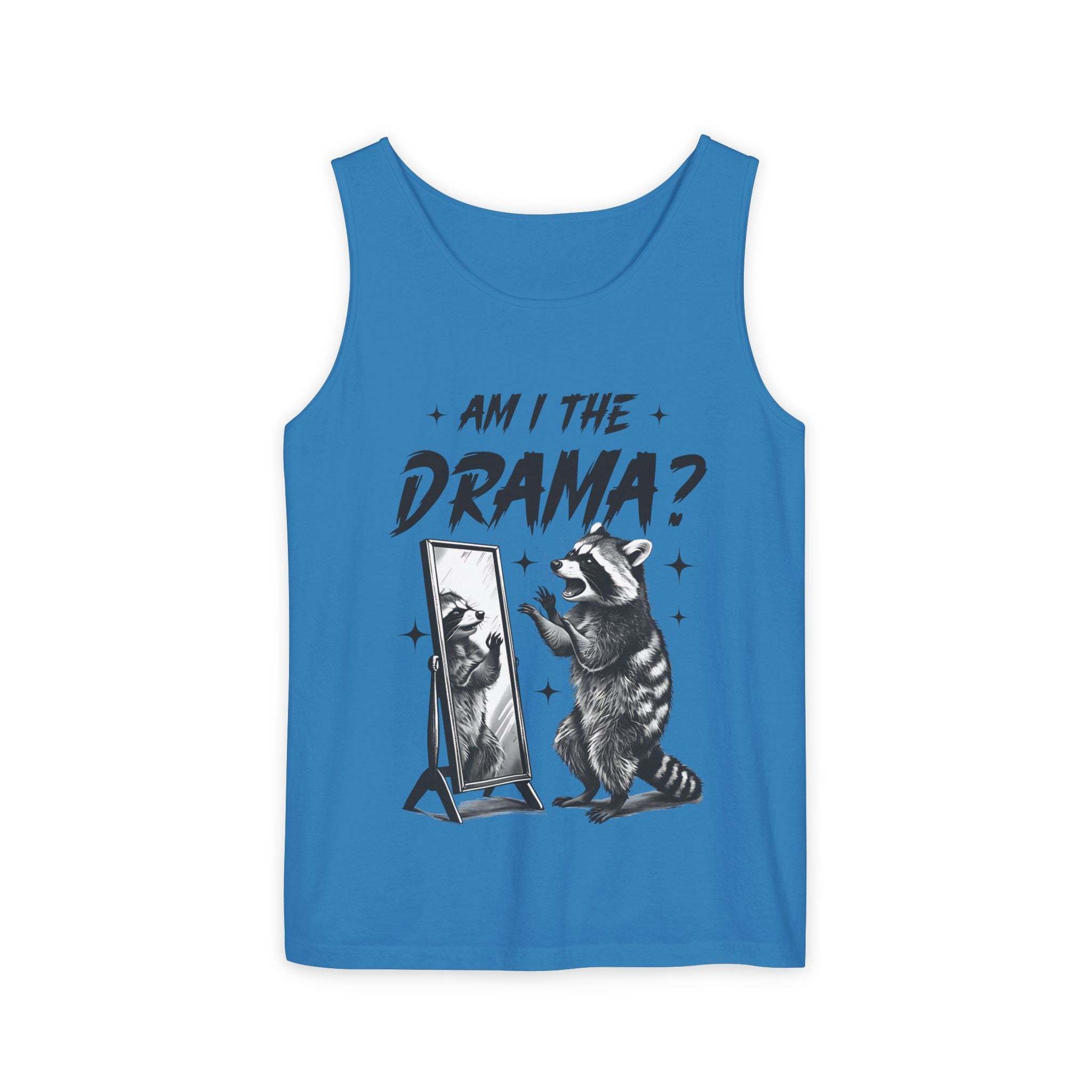 Blue tank top with "Am I The Drama?" text and raccoon graphic looking in mirror, casual and trendy design