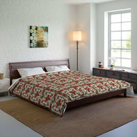 Rustic Patchwork Christmas Comforter with warm plaid and leather tones on cozy bedding