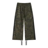Unisex camo wide leg sweatpants with elastic waistband and black side webbing in olive green streetwear style