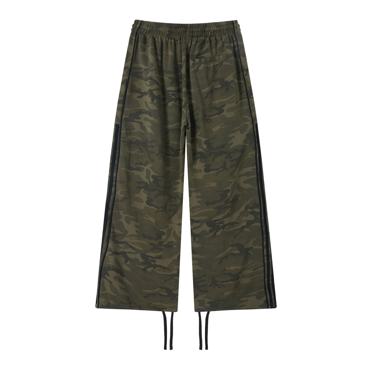 Unisex camo wide leg sweatpants with elastic waistband and black side webbing in olive green streetwear style