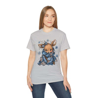 Woman wearing retro patchwork reindeer t-shirt with blue scarf and snowflake design