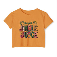 White crop top t-shirt with 'Here For The Jingle Juice' print, festive design by Printify