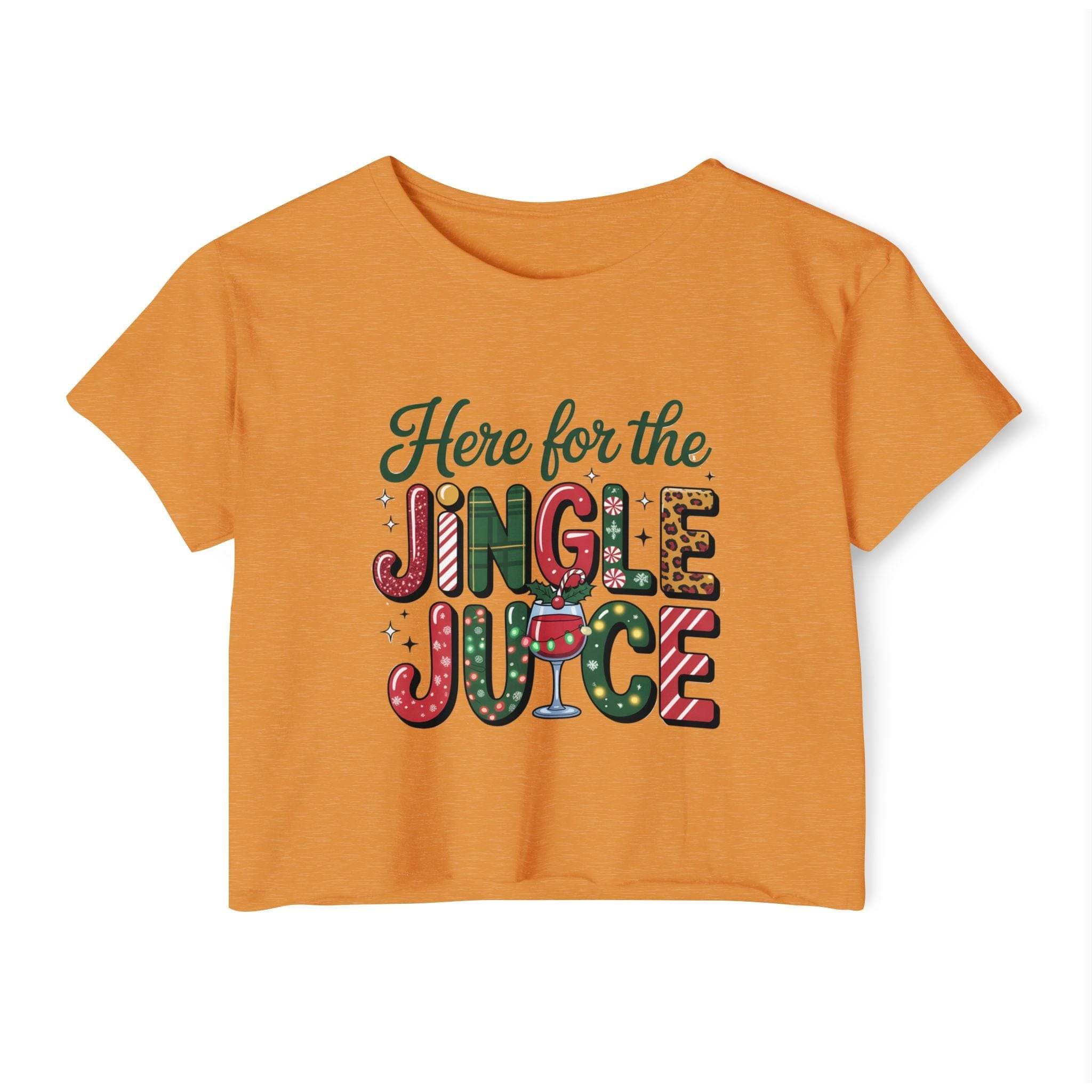 White crop top t-shirt with 'Here For The Jingle Juice' print, festive design by Printify